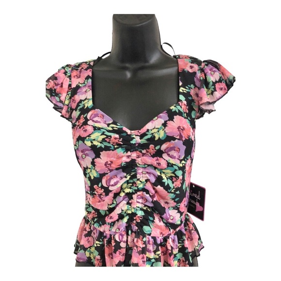 Black pink purple‎ floral peplum shirred front heart neckline blouse size large - Picture 2 of 14